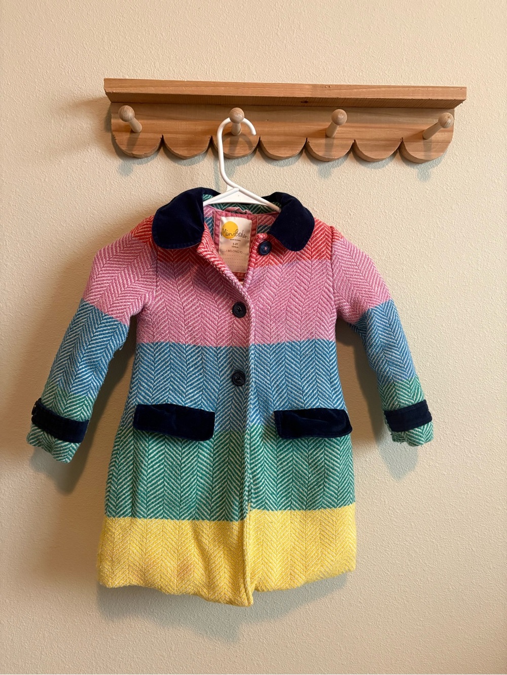 Mini Boden Colorblock Wool-Blend Coat in Pink, Blue, Green & Yellow